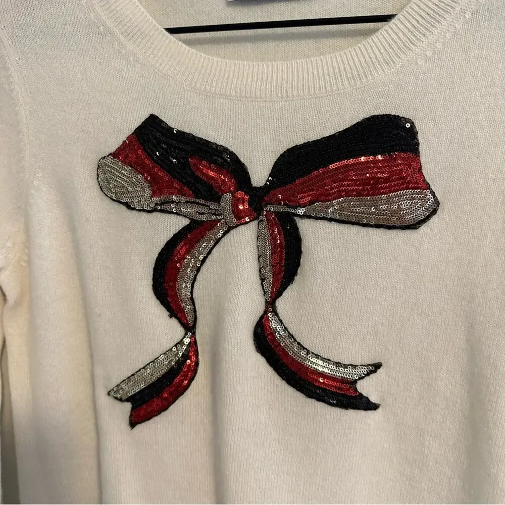 Tuckernuck Never a Wallflower Cream Sequin Bow Cashmere Sweater Small